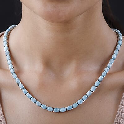 Larimar and Thai Black Spinel Tennis Necklace 18 Inches with Turtle Lock in Platinum Over Sterling Silver 61.15 ctw