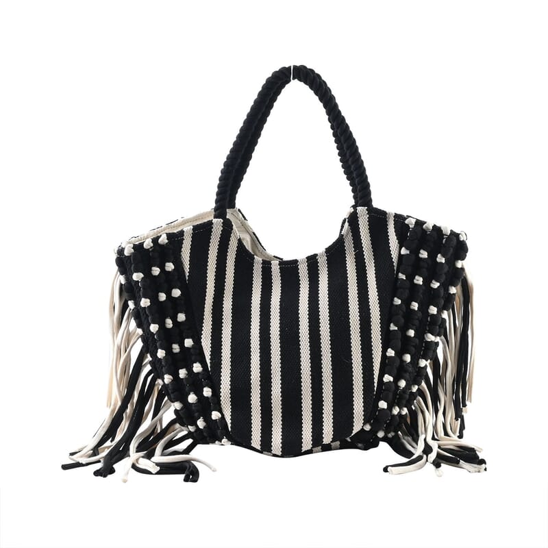 Black and White Stripes Tote Bag with Fringe , Women's Cotton Tote Bag , Women's Work Tote Hand Bag , Ladies Purse