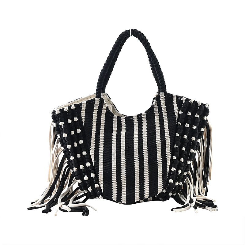 Black and White Stripes Tote Bag with Fringe , Women's Cotton Tote Bag , Women's Work Tote Hand Bag , Ladies Purse