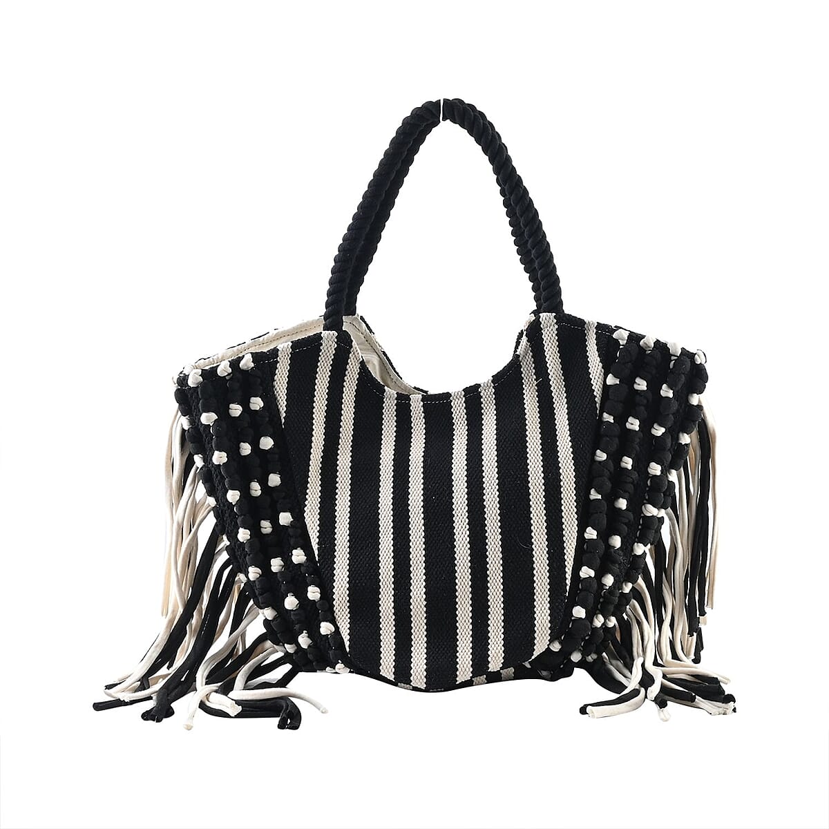 Black and White Stripes Tote Bag with Fringe , Women's Cotton Tote Bag , Women's Work Tote Hand Bag , Ladies Purse image number 0