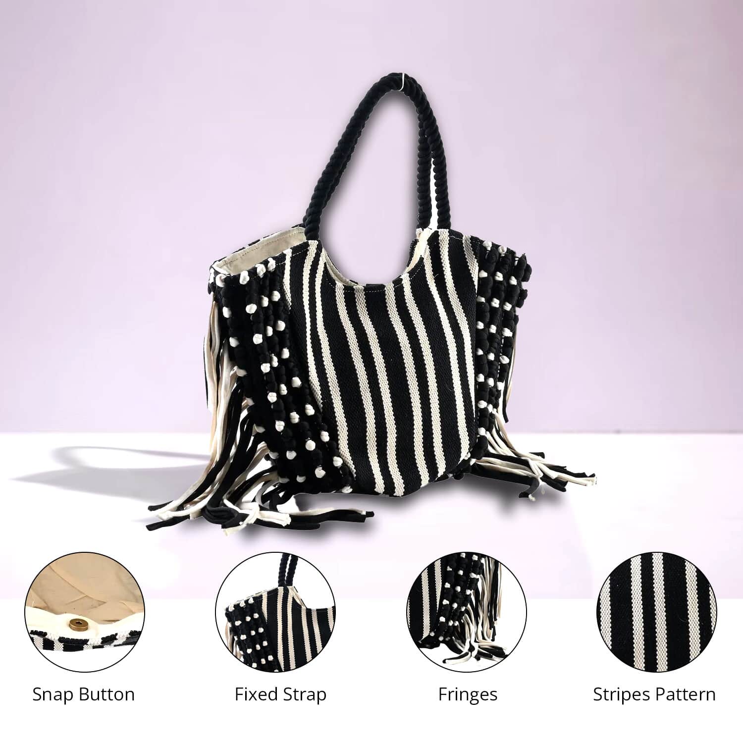 Black and White Stripes Tote Bag with Fringe , Women's Cotton Tote Bag ,  Women's Work Tote Hand Bag , Ladies Purse