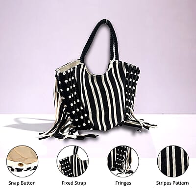 Black and White Stripes Tote Bag with Fringe , Women's Cotton Tote Bag , Women's Work Tote Hand Bag , Ladies Purse