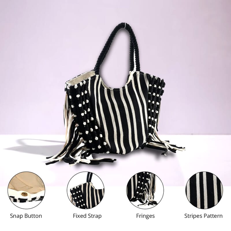 Black and White Stripes Tote Bag with Fringe , Women's Cotton Tote Bag , Women's Work Tote Hand Bag , Ladies Purse