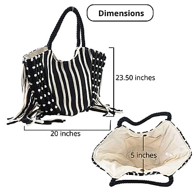 Black and White Stripes Tote Bag with Fringe , Women's Cotton Tote Bag , Women's Work Tote Hand Bag , Ladies Purse