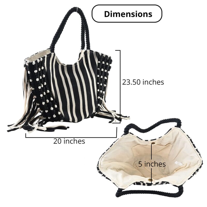 Black and White Stripes Tote Bag with Fringe , Women's Cotton Tote Bag , Women's Work Tote Hand Bag , Ladies Purse