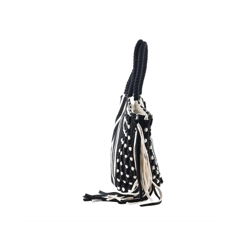 Black and White Stripes Tote Bag with Fringe , Women's Cotton Tote Bag , Women's Work Tote Hand Bag , Ladies Purse