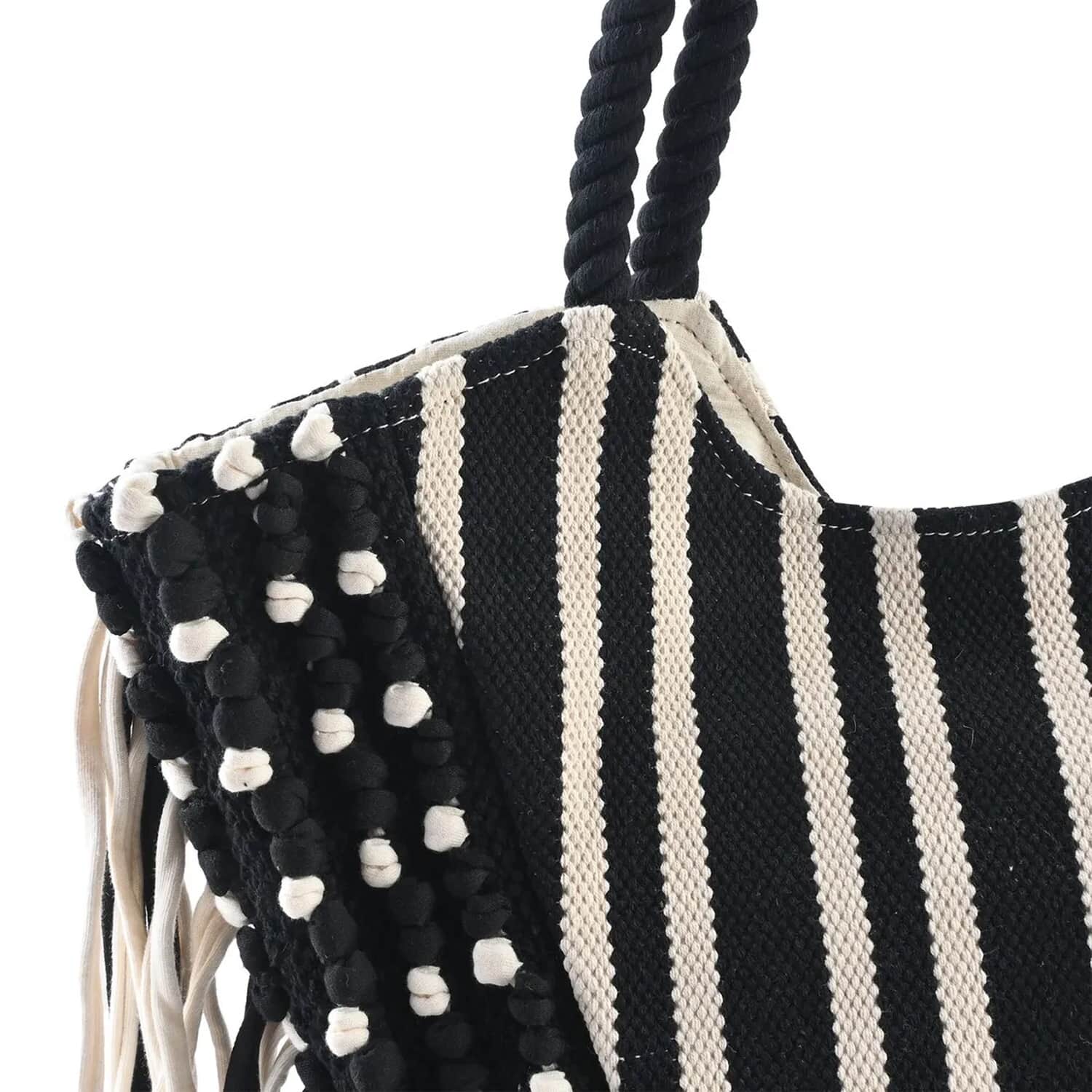 Black and White Stripes Tote Bag with Fringe , Women's Cotton Tote Bag ,  Women's Work Tote Hand Bag , Ladies Purse