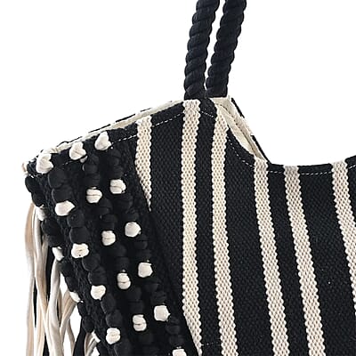 Black and White Stripes Tote Bag with Fringe , Women's Cotton Tote Bag , Women's Work Tote Hand Bag , Ladies Purse
