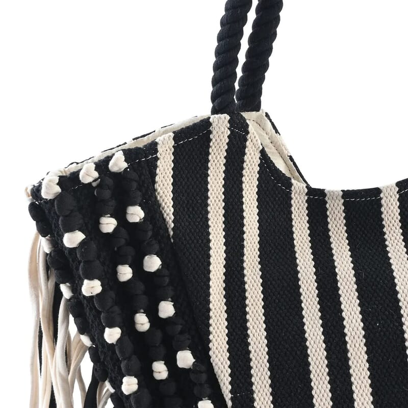 Black and White Stripes Tote Bag with Fringe , Women's Cotton Tote Bag , Women's Work Tote Hand Bag , Ladies Purse