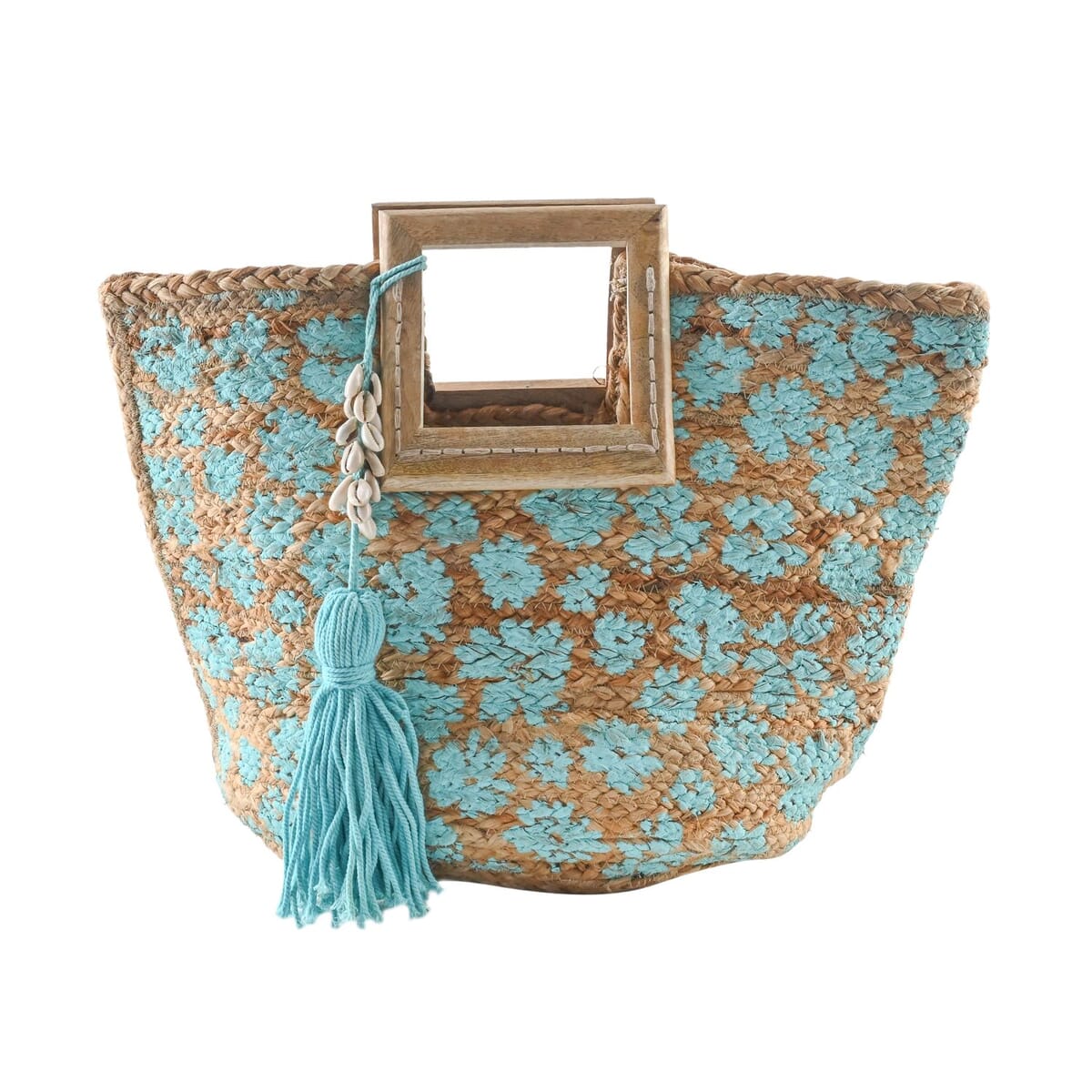 Time & Tru Aqua Floral Jute Handbag with Tassel (20"x9"x15") image number 0
