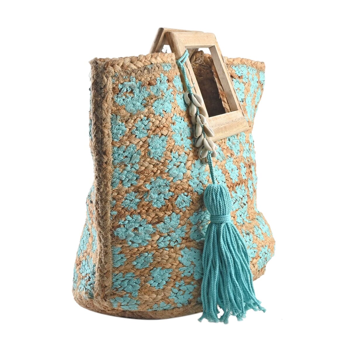 Time & Tru Aqua Floral Jute Handbag with Tassel (20"x9"x15") image number 1