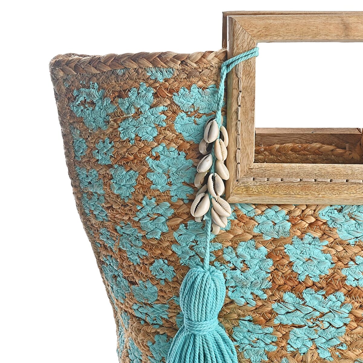 Time & Tru Aqua Floral Jute Handbag with Tassel (20"x9"x15") image number 4