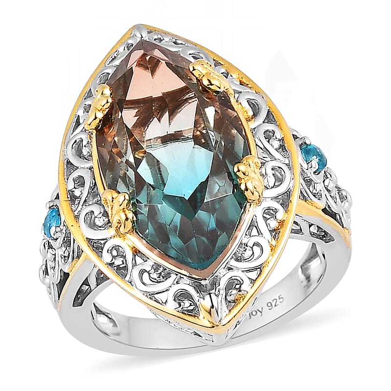 Aqua Terra Costa Quartz (Triplet) and Malgache Neon Apatite Ring in Vermeil YG and Platinum Over Sterling Silver (Size 10.0) 8.15 ctw