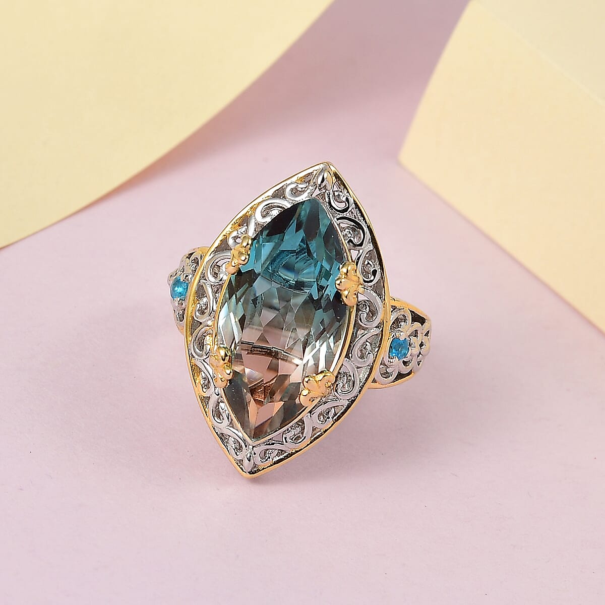 Aqua Terra Costa Quartz (Triplet) and Malgache Neon Apatite Ring in Vermeil YG and Platinum Over Sterling Silver 8.15 ctw image number 1