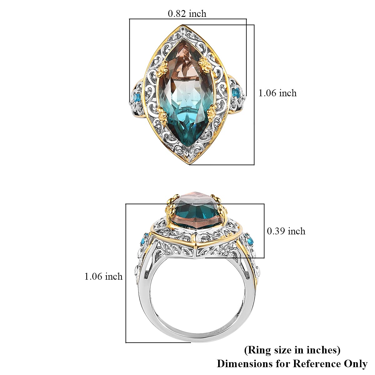 Aqua Terra Costa Quartz (Triplet) and Malgache Neon Apatite Ring in Vermeil YG and Platinum Over Sterling Silver (Size 10.0) 8.15 ctw