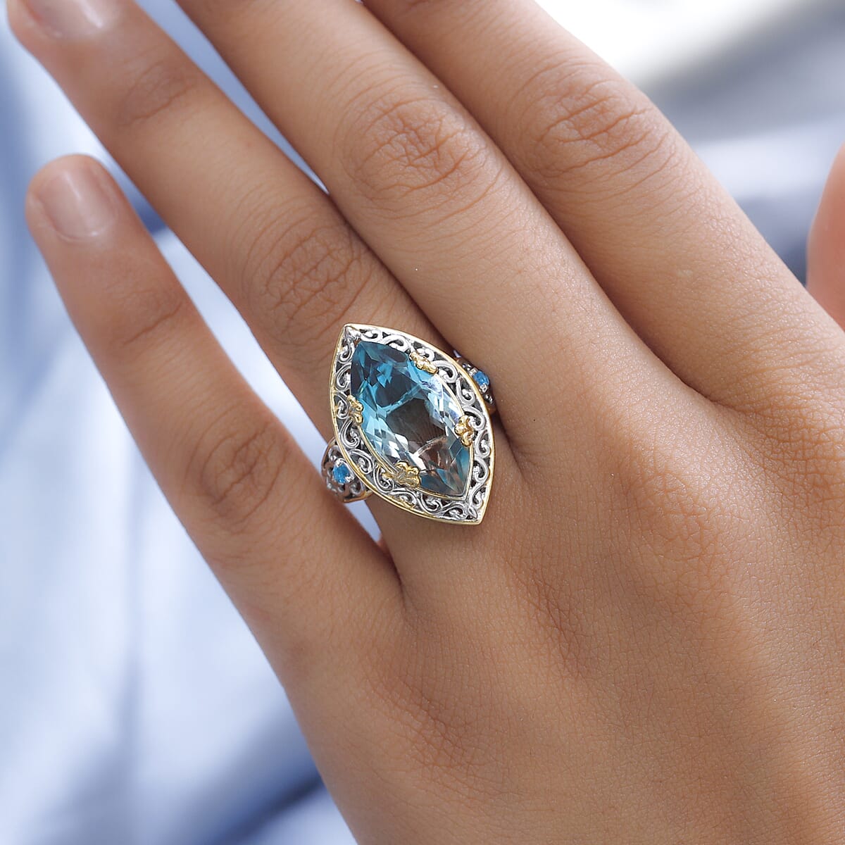 Aqua Terra Costa Quartz (Triplet) and Malgache Neon Apatite Ring in Vermeil YG and Platinum Over Sterling Silver (Size 8.0) 8.15 ctw image number 2