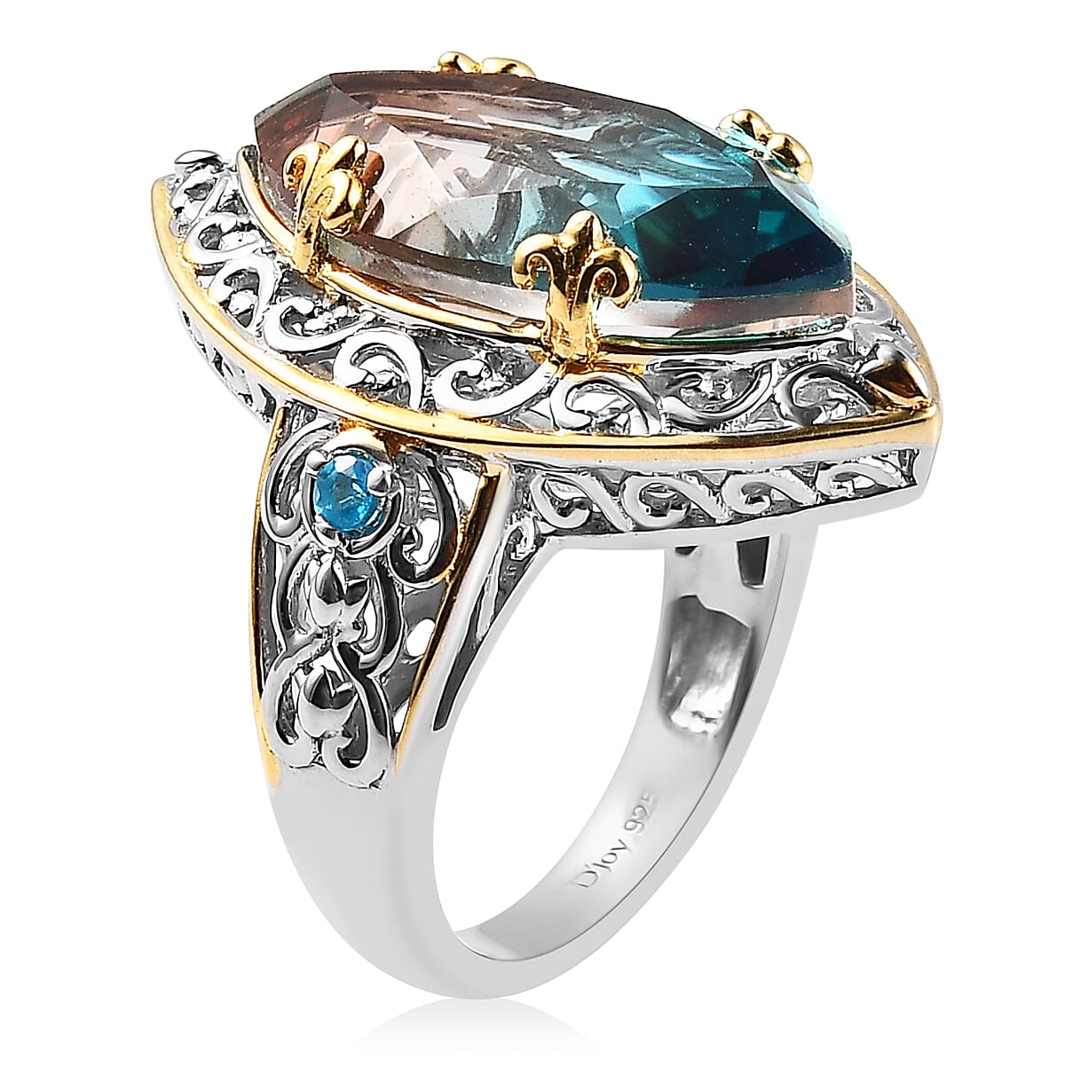 Aqua Terra Costa Quartz (Triplet) and Malgache Neon Apatite Ring in Vermeil YG and Platinum Over Sterling Silver (Size 8.0) 8.15 ctw image number 3