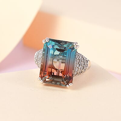 Aqua Terra Costa Quartz (Triplet) and White Zircon Ring in Platinum Over Sterling Silver (Size 10.0) 14.65 ctw