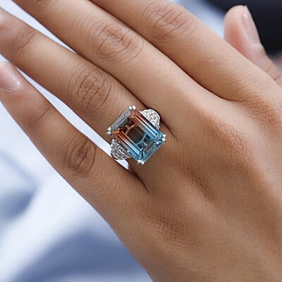 Aqua Terra Costa Quartz (Triplet) and White Zircon Ring in Platinum Over Sterling Silver (Size 10.0) 14.65 ctw