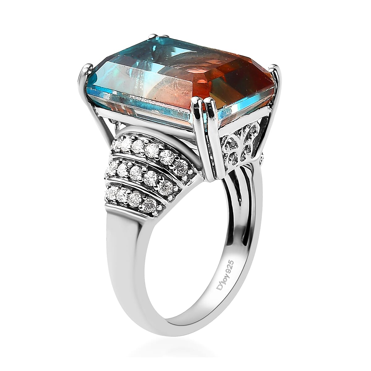 Aqua Terra Costa Quartz (Triplet) and Natural White Zircon Ring in Platinum Over Sterling Silver 14.65 ctw image number 3
