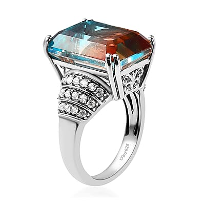 Aqua Terra Costa Quartz (Triplet) and White Zircon Ring in Platinum Over Sterling Silver (Size 10.0) 14.65 ctw