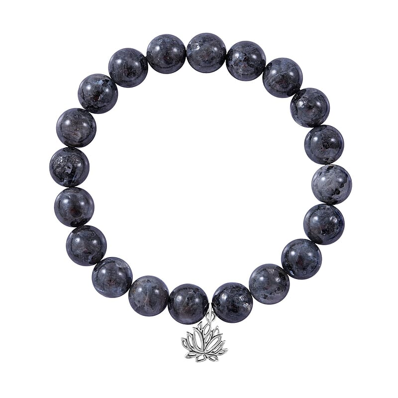 Black Labradorite Beaded Stretch Bracelet with Heart Charm in Sterling Silver 150.00 ctw