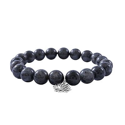 Black Labradorite Beaded Stretch Bracelet with Heart Charm in Sterling Silver 150.00 ctw
