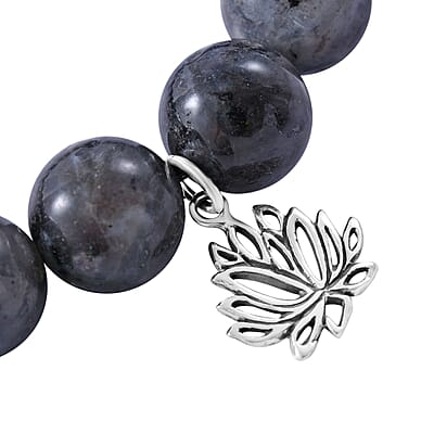 Black Labradorite Beaded Stretch Bracelet with Heart Charm in Sterling Silver 150.00 ctw
