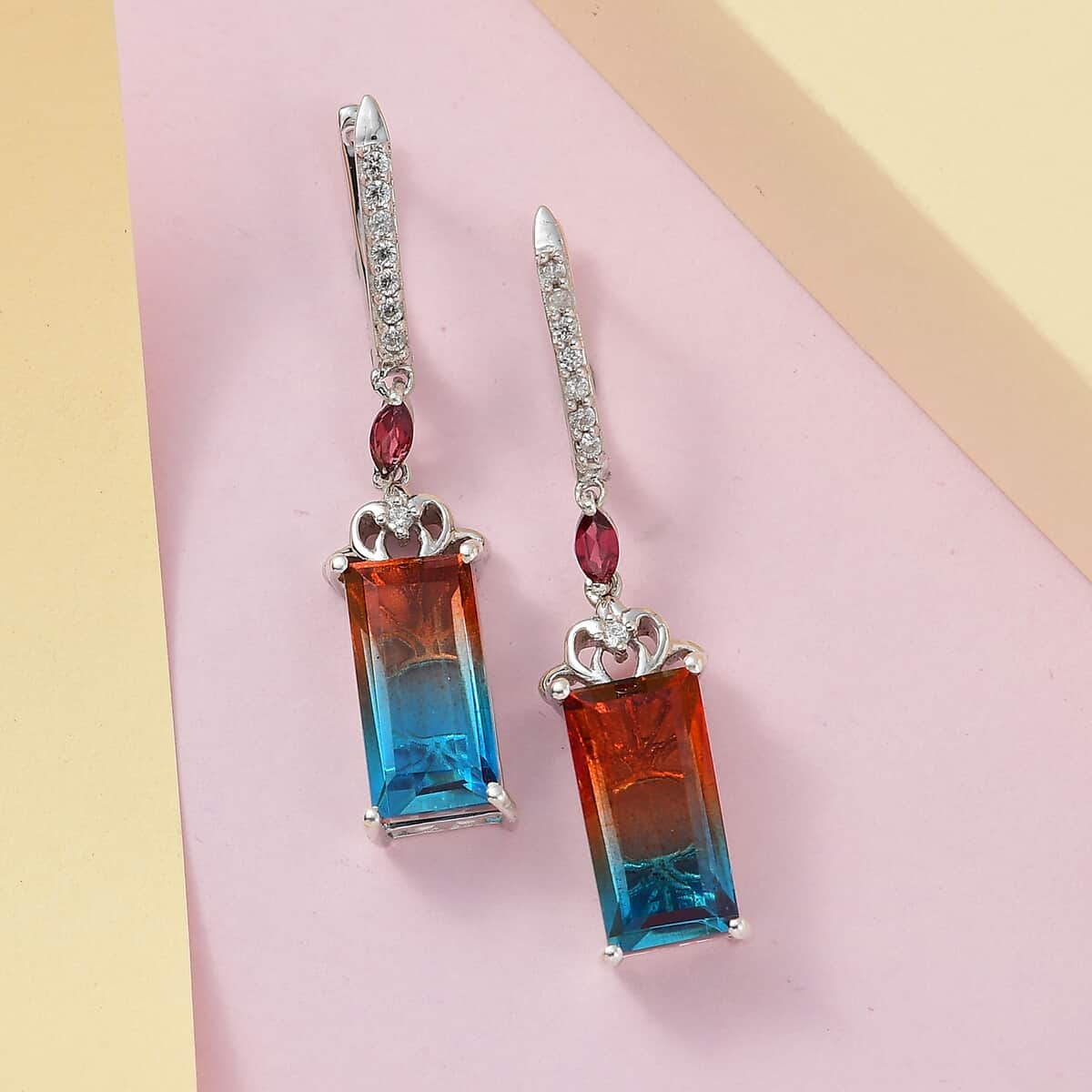 Aqua Terra Costa Quartz (Triplet) and Multi Gemstone Lever Back Earrings in Platinum Over Sterling Silver 14.50 ctw image number 1