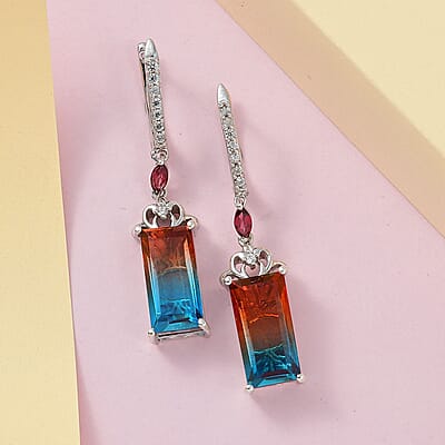 Aqua Terra Costa Quartz (Triplet) and Multi Gemstone Lever Back Earrings in Platinum Over Sterling Silver 14.50 ctw