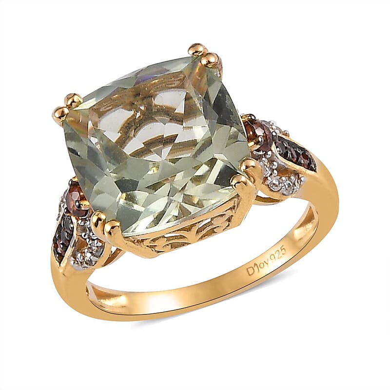 AAA Montezuma Prasiolite, Natural White and Brown Zircon Ring in Vermeil Yellow Gold Over Sterling Silver (Size 10.0) 7.35 ctw
