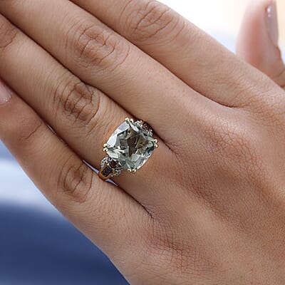 AAA Montezuma Prasiolite, Natural White and Brown Zircon Ring in Vermeil Yellow Gold Over Sterling Silver (Size 10.0) 7.35 ctw