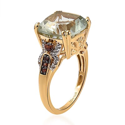 AAA Montezuma Prasiolite, Natural White and Brown Zircon Ring in Vermeil Yellow Gold Over Sterling Silver (Size 10.0) 7.35 ctw