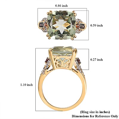 AAA Montezuma Prasiolite, Natural White and Brown Zircon Ring in Vermeil Yellow Gold Over Sterling Silver (Size 10.0) 7.35 ctw