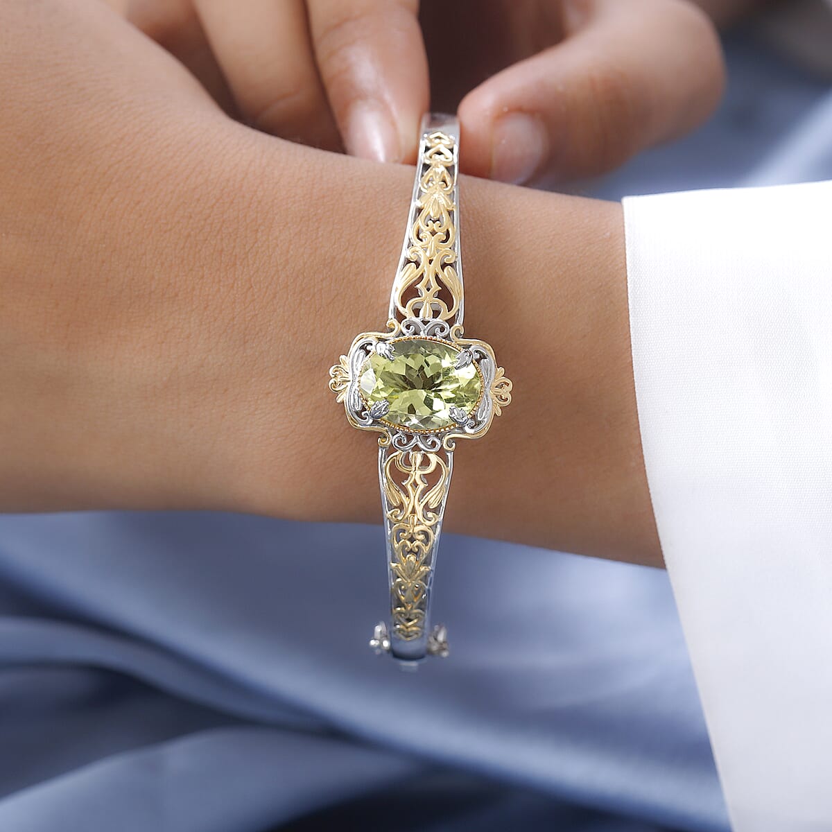 Buy Karis Ouro Verde Quartz Bangle Bracelet in 18K YG Plated and Platinum  Bond (7.25 In) 9.10 ctw at ShopLC., image size:1200x1200