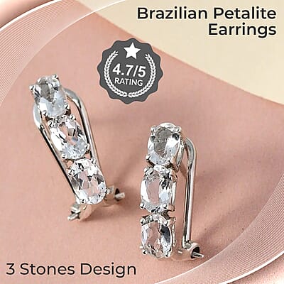 Brazilian Petalite Earrings, Sterling Silver Earrings, Omega Clip Earrings, Three Stone Earrings, Earrings For Women 2.70 ctw