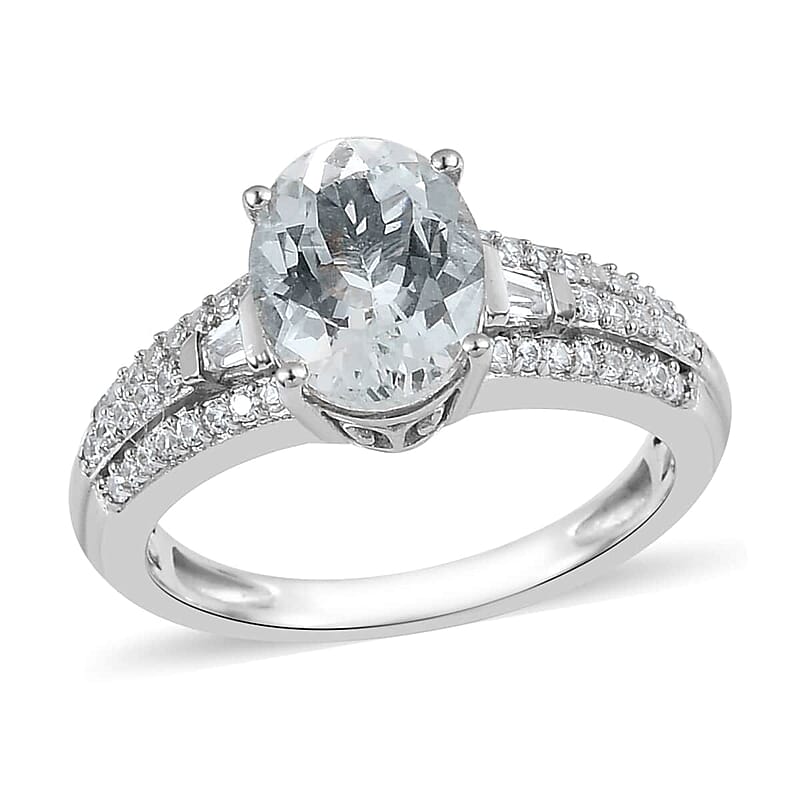 Premium Mangoro Aquamarine and White Zircon Ring in Platinum Over Sterling Silver (Size 10.0) 2.15 ctw