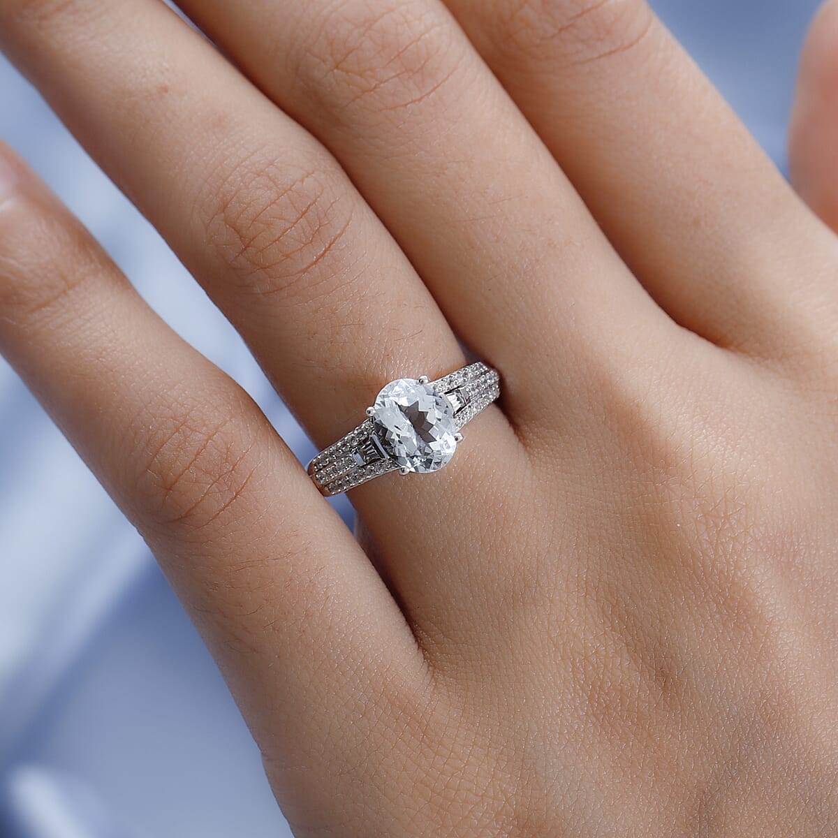 Premium Espirito Santo Aquamarine and Natural White Zircon Ring in Platinum Over Sterling Silver 2.15 ctw image number 2