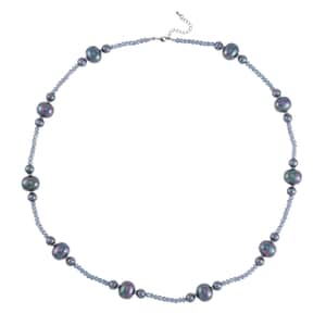 Tahitian Color Shell Pearl and Midnight Blue Color Glass Beaded Necklace (28-30 Inches) in Silvertone