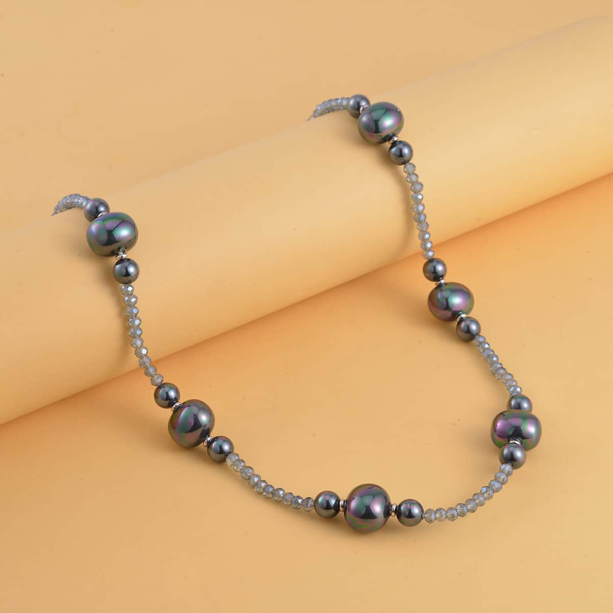 Tahitian Color Shell Pearl, Midnight Blue Color Glass Beaded Necklace (28-30 Inches) in Silvertone image number 1