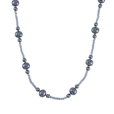 Tahitian Color Shell Pearl and Midnight Blue Color Glass Beaded Necklace (28-30 Inches) in Silvertone