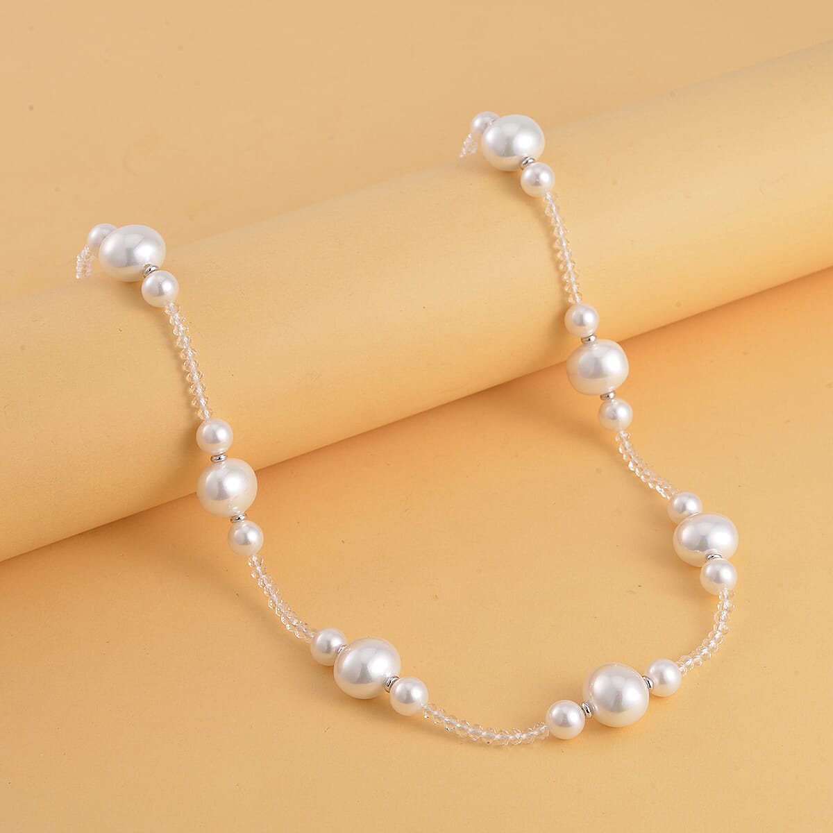 White Shell Pearl and White Glass Beaded Necklace 28-30 Inches in Silvertone image number 1