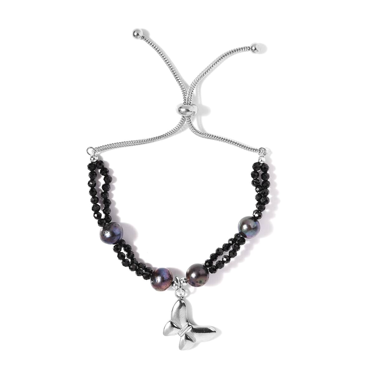 Natural Thai Black Spinel and Peacock Pearl Bolo Bracelet with Butterfly Charm in Stainless Steel 13.45 ctw image number 0