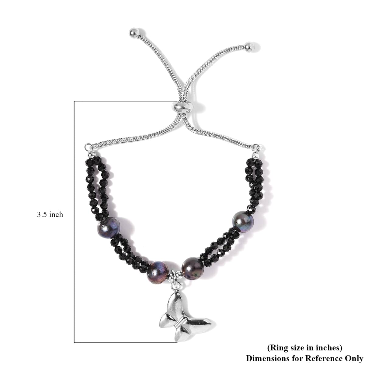 Natural Thai Black Spinel and Peacock Pearl Bolo Bracelet with Butterfly Charm in Stainless Steel 13.45 ctw image number 4