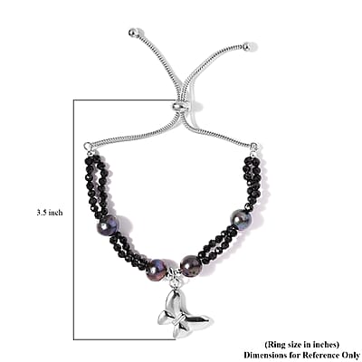 Thai Black Spinel, Peacock Pearl Bolo Bracelet with Butterfly Charm in Stainless Steel 13.45 ctw , Tarnish-Free, Waterproof, Sweat Proof Jewelry