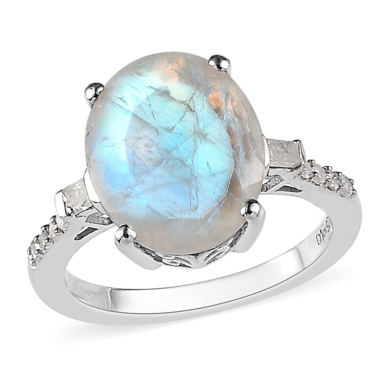 Premium Rainbow Moonstone and Diamond Ring in Platinum Over Sterling Silver (Size 10.0) 4.65 ctw