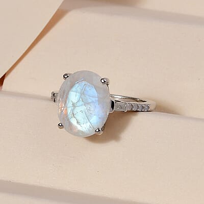 Premium Rainbow Moonstone and Diamond Ring in Platinum Over Sterling Silver (Size 10.0) 4.65 ctw