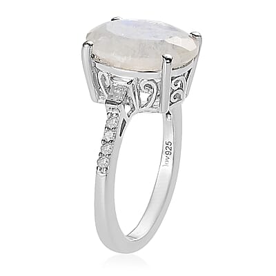 Premium Rainbow Moonstone and Diamond Ring in Platinum Over Sterling Silver (Size 10.0) 4.65 ctw
