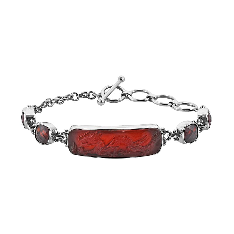 Sajen Silver Carnelian Carved Dragon and Mozambique Garnet 29.00 ctw Toggle Clasp Bracelet in Sterling Silver (6.50-8.50In)