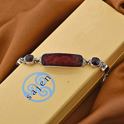 Sajen Silver Carnelian Carved Dragon and Mozambique Garnet 29.00 ctw Toggle Clasp Bracelet in Sterling Silver (6.50-8.50In)